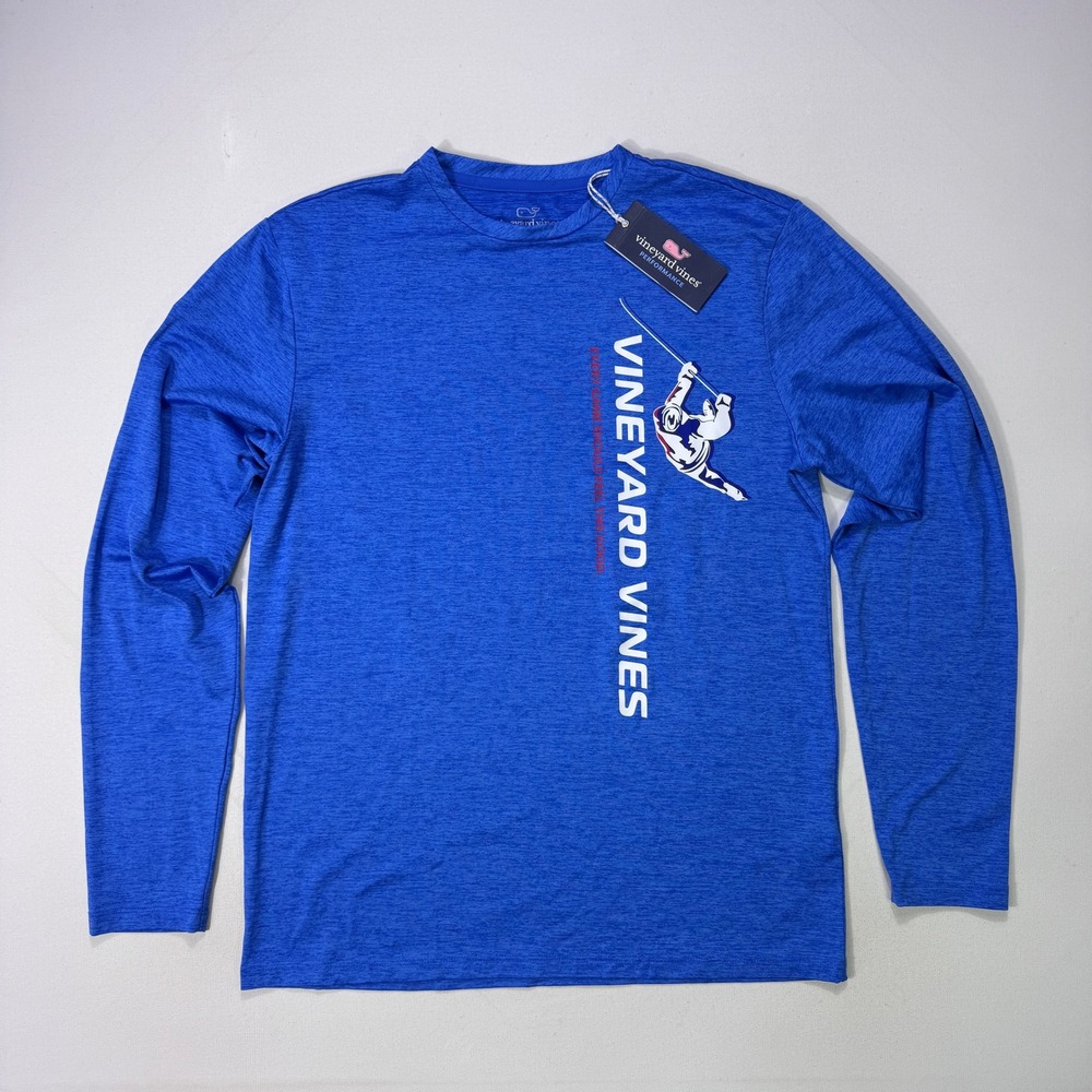 Vineyard Vines Men Small Hull Blue Heather Hockey Player Performance Graphic NWT